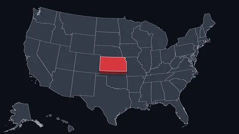 Kansas Highlighted Raised in 3D on US Election Map Red Fill Scheme, Black Stock Illustration
