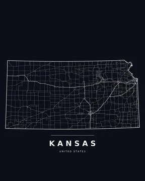 Kansas KS Map Counties Highways Roads Dark Mode Editable Vector Stock Illustration