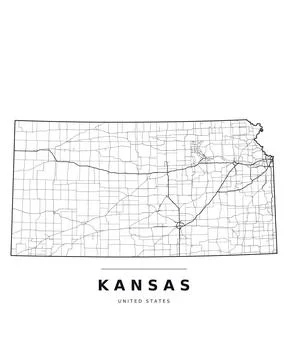 Kansas KS Map Counties Highways Roads Black White Editable Vector Stock Illustration