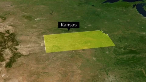 Kansas Map animation Satellite View with Location Pin and Border Outline Stock Footage 322042380