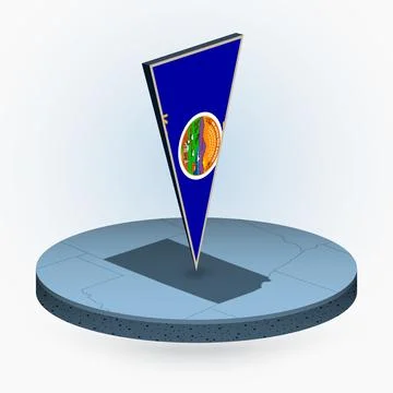 Kansas map in round isometric style with triangular 3D flag of US State Kansa Stock Illustration