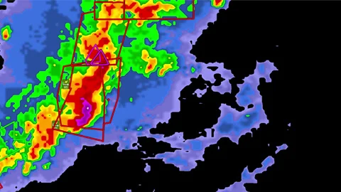 Kansas Severe thunderstorms with tornado warning on doppler weather radar screen Stock Footage 310058143