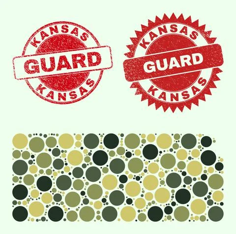 Kansas State Map Composition with Khaki Military Circle Elements with Scratched Stock Illustration