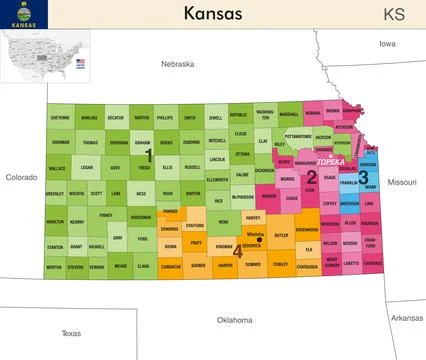 Kansas state map with counties borders and congressional districts Stock Illustration