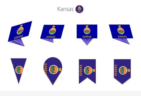Kansas US State flag collection, eight versions of Kansas vector flags. Stock Illustration