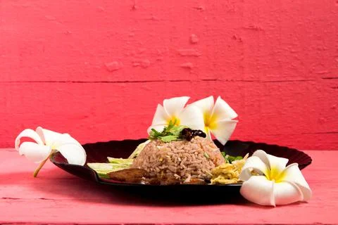 Kao Klook Ga-pi (Rice Mixed with Shrimp paste) on pink wood Stock Photos