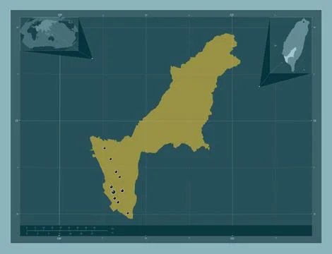 Kaohsiung, Taiwan. Solid color shape. Locations of major cities of the region Illustrazione stock