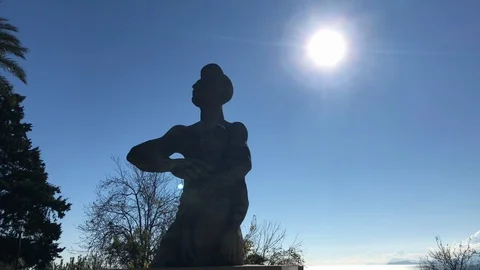 Karaalioglu Park sculpture worker with son moving shot blue sky Stock Footage 105986950