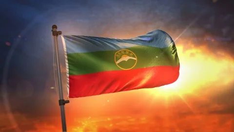 Karachay-Cherkessia Flag Backlit At Beautiful Sunrise Loop Slow Motion 4K Stock Footage 76528042