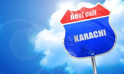 Karachi, 3D rendering, blue street sign Stock Illustration