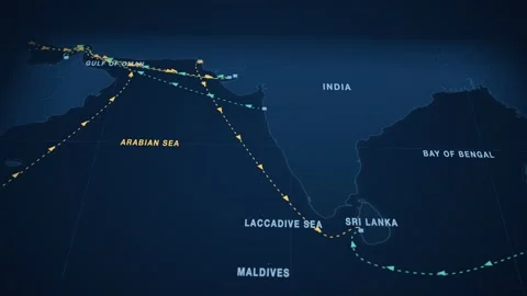 Karachi to colombo container shipping route map animation seamless loop Stock Footage 345898761