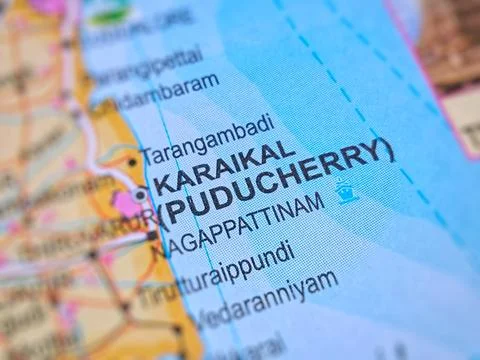 Karaikal on a map of India with blur effect. Stock Illustration