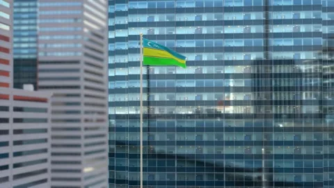 Karakalpakstan Flag 3D Render Animation Waving Against Glass Office Building Stock Footage 333080944