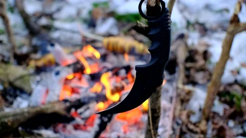 Karambit knife on the branch in front of bonfire in the dark snowy forest Video stock 167743488