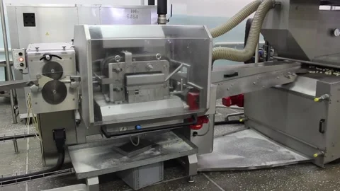 Karamel 040The machine throws caramel candies on a conveyor belt Stock Footage 130395205