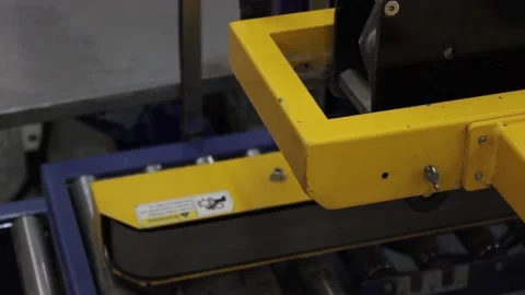 Karamel 074The box passes through a packaging machine at a candy factory. Stock Footage 130395509