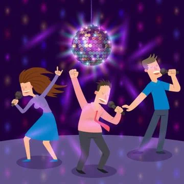Karaoke bar banner, poster vector illustration. People singing and dancing in Stock Illustration