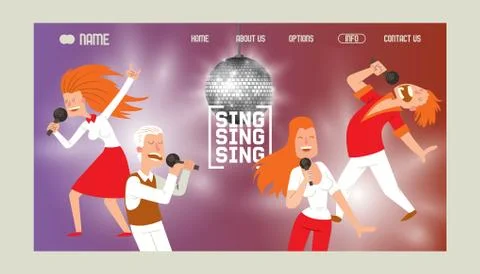 Karaoke bar banner web design vector illustration. People singing and dancing in Stock Illustration