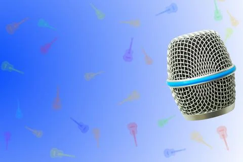 Karaoke dancing.Vocal microphone head on blue with guitars Stock Illustration