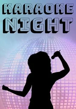 Karaoke night text over silhouette of female singer singing against disco ball Stock Illustration