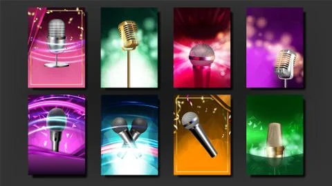 Karaoke Poster Template Blank Set Vector. Vintage Studio. Musical Record Stock Illustration