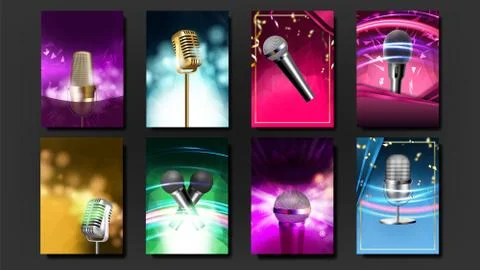 Karaoke Poster Template Blank Set . Mic Design. Disco Banner. Voice Equipment Stock Illustration
