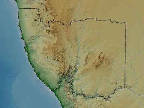 !Karas, Namibia. Colored elevation map with lakes and rivers Illustrazione stock