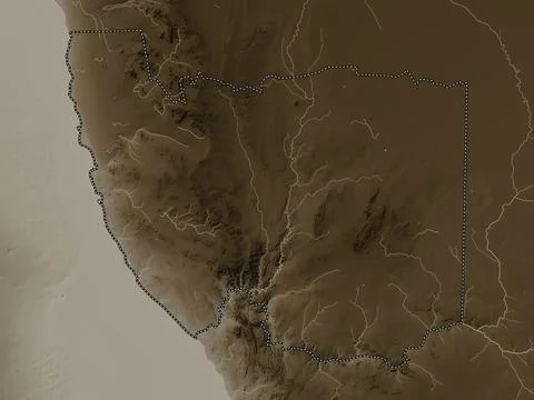 !Karas, Namibia. Elevation map colored in sepia tones with lakes and rivers Illustrazione stock
