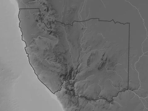 !Karas, Namibia. Grayscale elevation map with lakes and rivers Stock Illustration