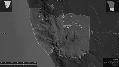 Karas, Namibia. Grayscaled map with lakes and rivers Illustrazione stock