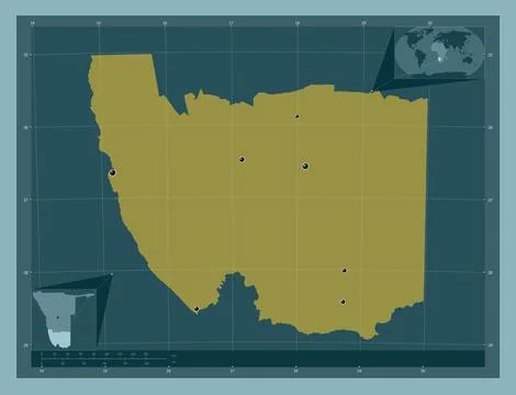 !Karas, Namibia. Solid color shape. Locations of major cities of the region 스톡 일러스트
