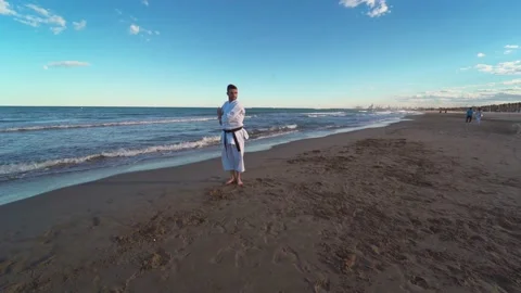 Karate fighter alternating fast and powerful and slow and fluid movements on  Stock Footage 146604828