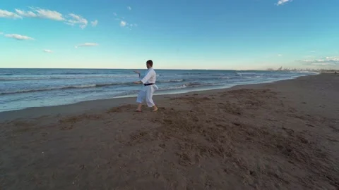 Karate fighter alternating fast and powerful and slow and fluid movements on  Stock Footage 146604832
