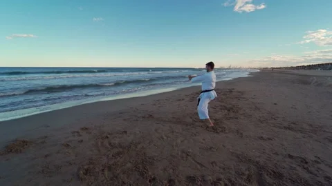 Karate fighter practicing katas on the seashore at sunset. Energetic and powe Video stock 146605008