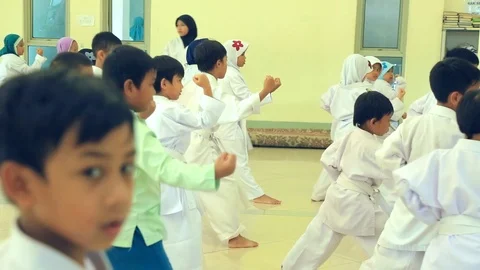 Karate kids at the school Stock Footage 120903256
