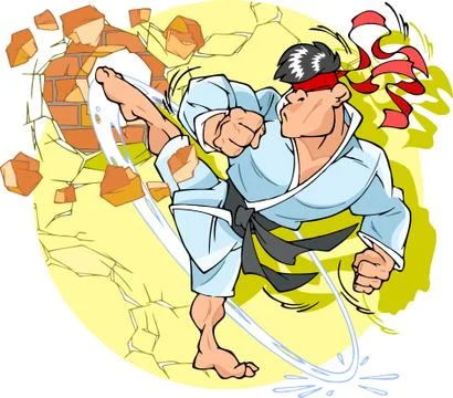 Karate man kicks a brick Stock Illustration