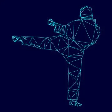 Karate man low poly triangulation triangulated polygonal electric cyan blue v Stock Illustration