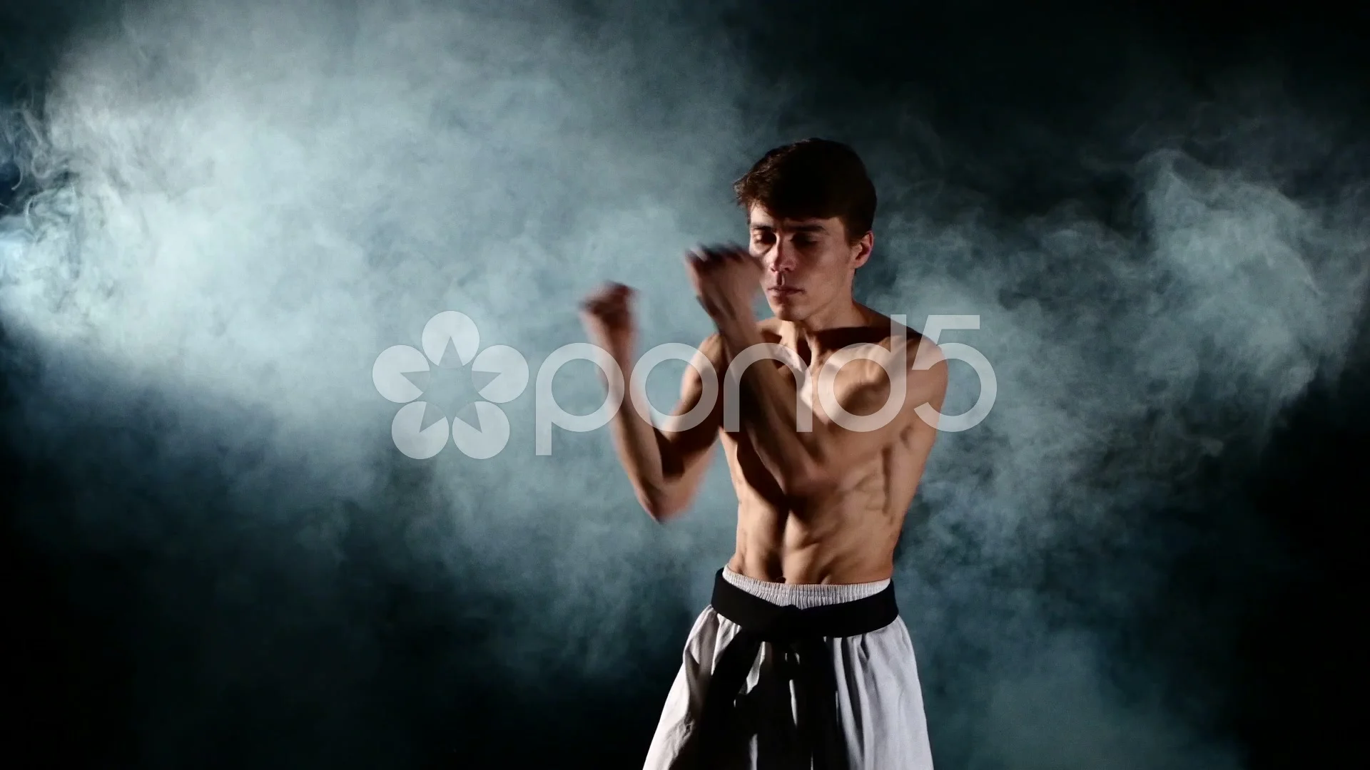 Karate or taekwondo man with a naked torso and a black belt, smoke, close up