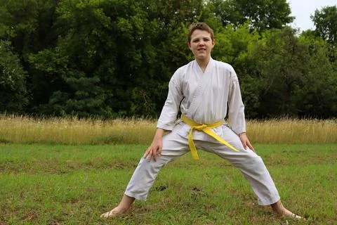 Karate practice in an open field during daytime with a young boy wearing a Stock Photos