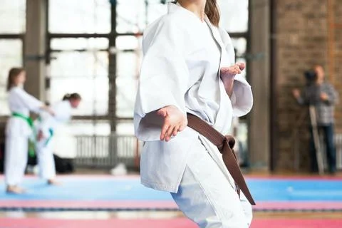 Karate practitioner body position during competition. Martial arts. Stock Photos