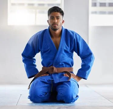 Karate, training and portrait of a coach ready for martial arts, fight and self Stock Photos