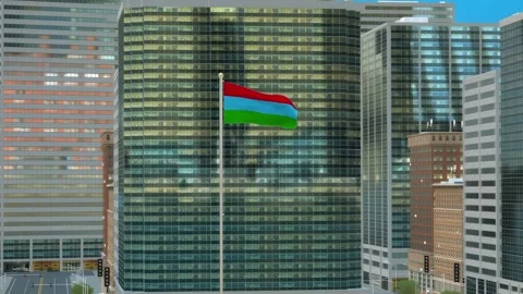 Karelia Flag 3D Render Animation on Pole with Modern Business District Build Video stock 332877874