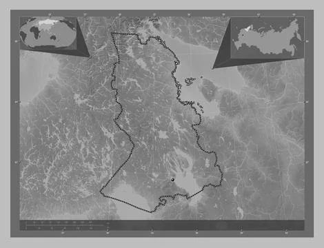 Karelia, Russia. Grayscale elevation map with lakes and rivers Illustrazione stock