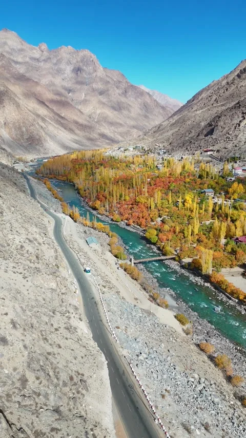 Kargil like never before – vertical drone captures autumn soul. Stock Footage 310665292