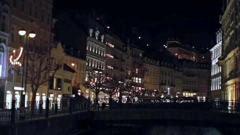 Karlovy Vary Night quay. Stock Footage 69090341