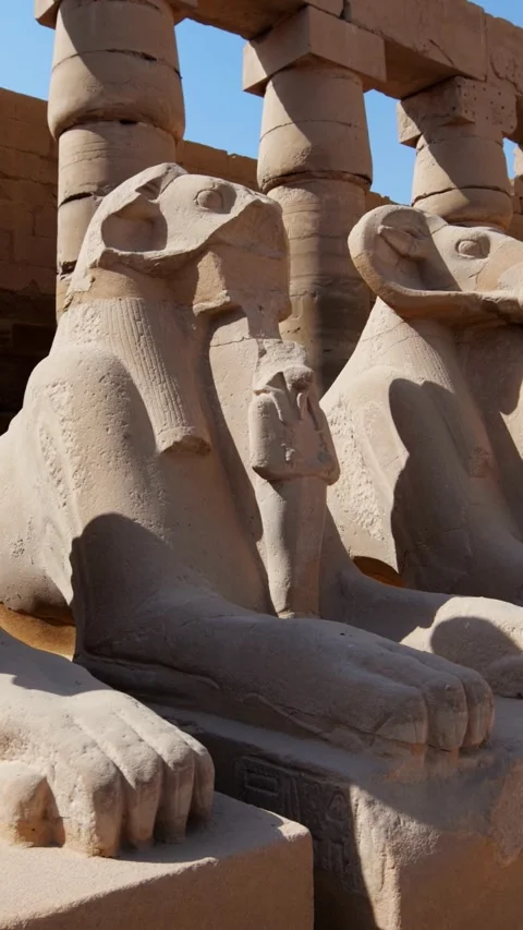 Karnak Temple in Luxor, Egypt. Ram-headed sphinx alley at Karnak Temple. Ancient Stock Footage 337427910