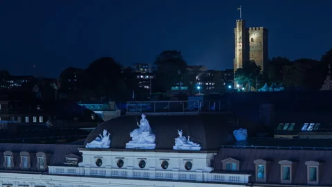 Karnan Medieval Tower Illuminated at Night, Helsingborg Stock Footage 343841824