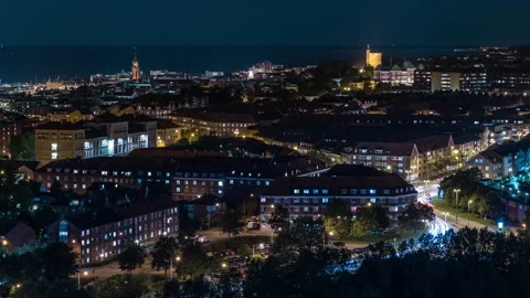 Karnan Tower and Helsingborg Skyline Illuminated at Night Stock Footage 342530331