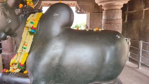 Karnataka, India- 4 Oct, 2024; Garlanded Nandi Bull Shrine at temple Complex Stock-Footage 303570563