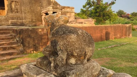 Karnataka, India : 4 October 2024 - Old Nandi Statue Outside Badami Caves Aihole Stock Footage 303575248
